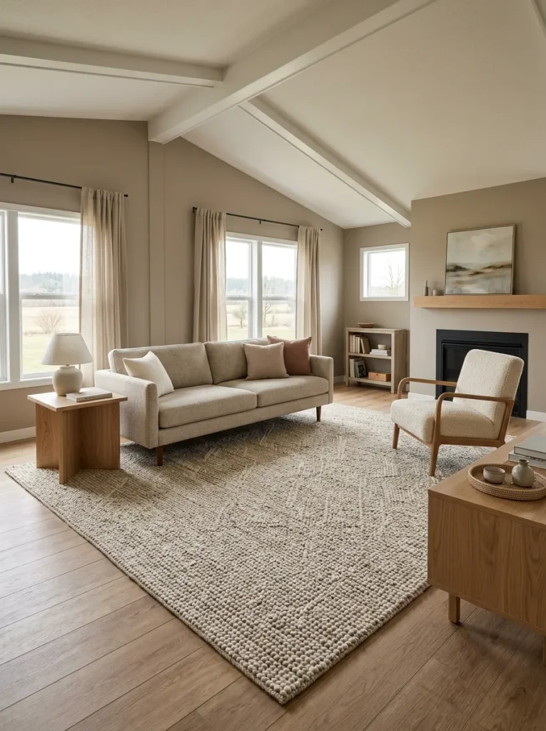Large woven rug and restrained textured upholstery creating a calm tactile hierarchy in a wide living room.