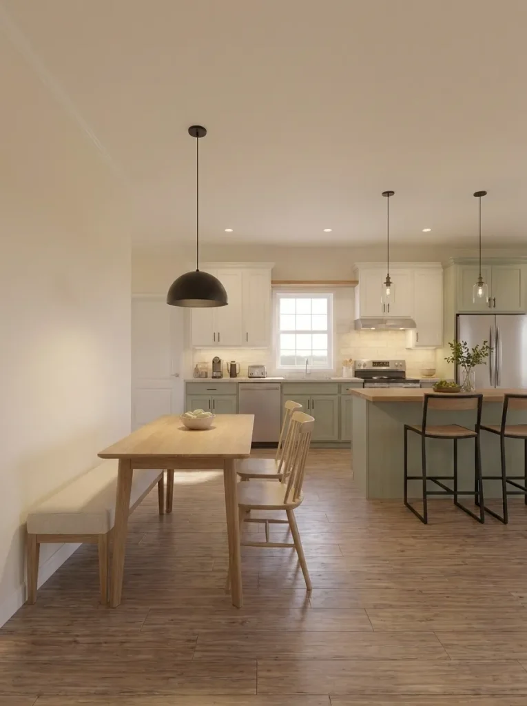 Wall-side dining bench and compact chairs preserving the walking route beside a narrow single-wide kitchen.