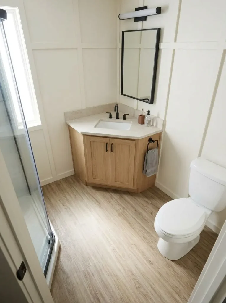 Corner vanity opening the central walking route in a very small manufactured-home bathroom.