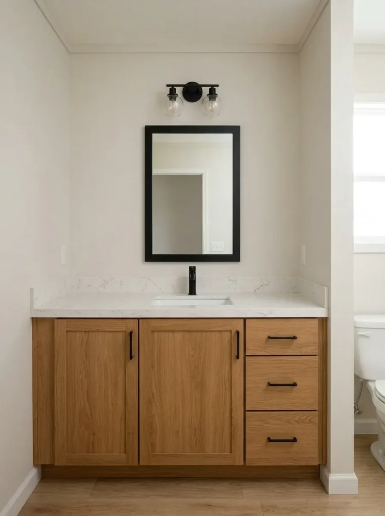 Wall-to-wall mobile home bathroom vanity using the full available wall instead of leaving narrow unusable side gaps.