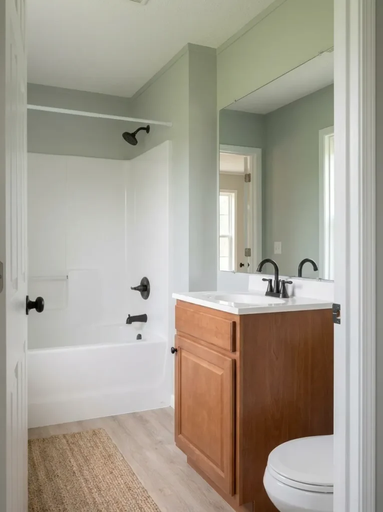 Large bathroom mirror reflecting light and a calm open sightline in a mobile home bathroom.