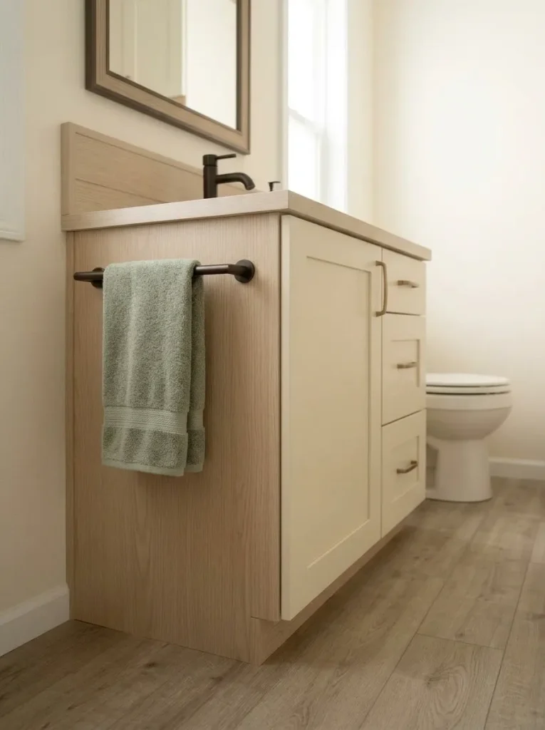 Small bathroom vanity side panel used for one shallow towel or grooming storage function.