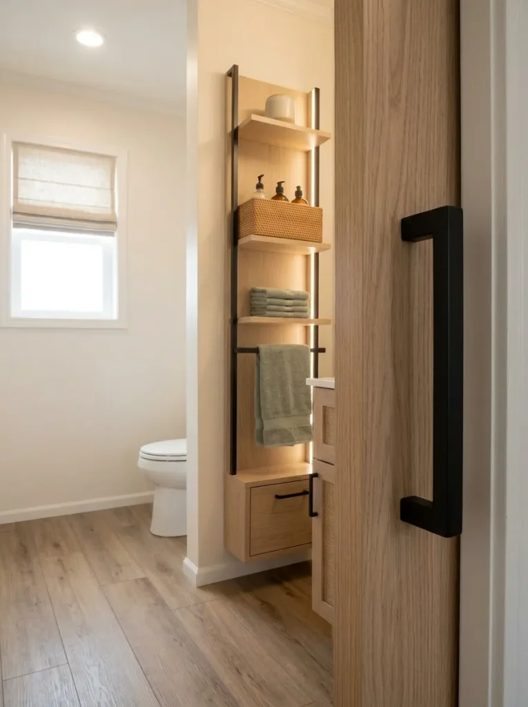 Vertical storage spine beside a mobile home bathroom vanity combining towels, toiletries and a compact shelf system.