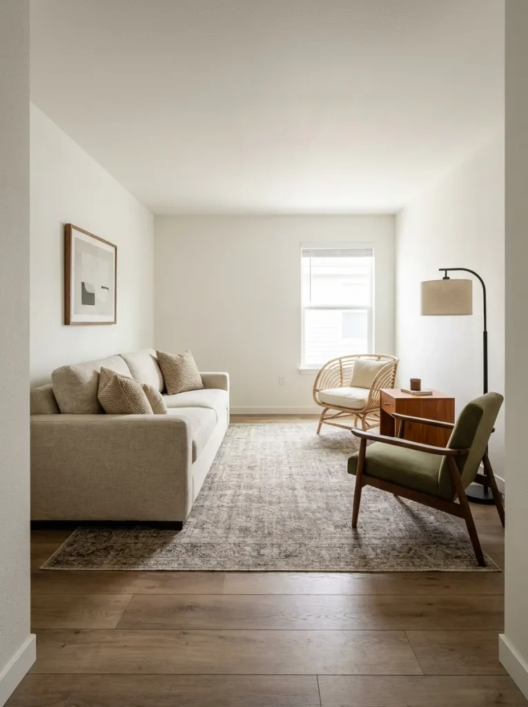 Mixed mobile home living room seating balanced with a substantial sofa, two lighter chairs, a side table, and floor lamp.