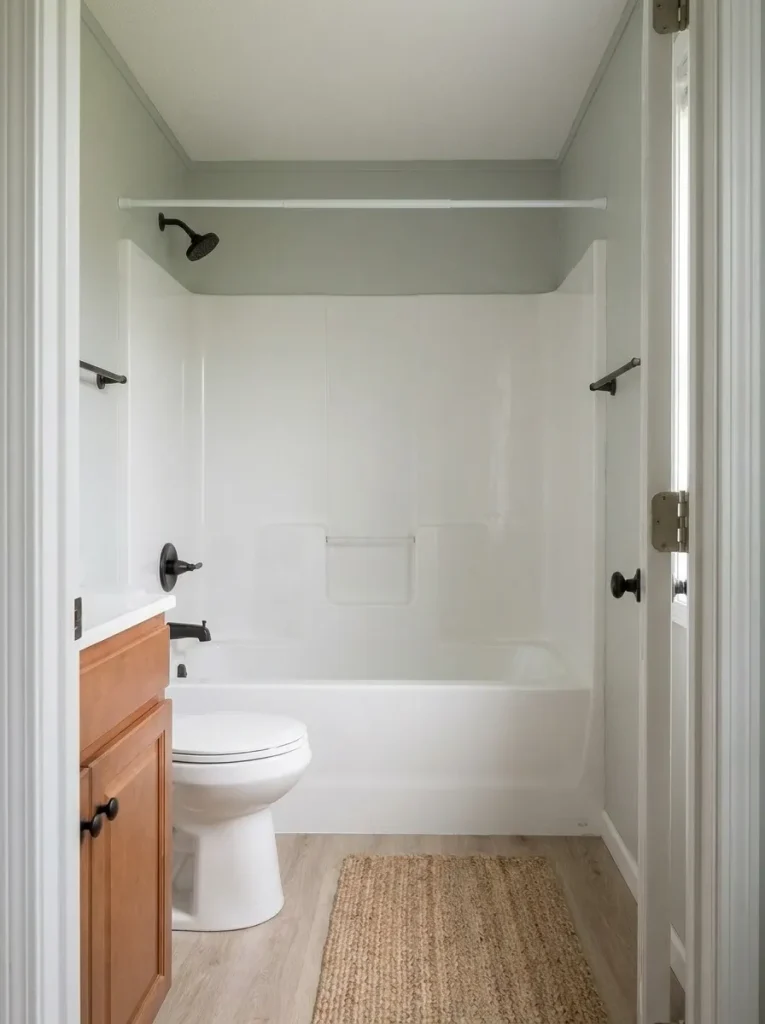 Shallow vanity projection preserving the walkway in a narrow mobile home bathroom.