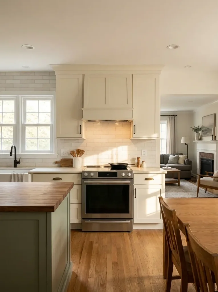 Range hood integrated into an open double wide kitchen with dining and living spaces nearby.