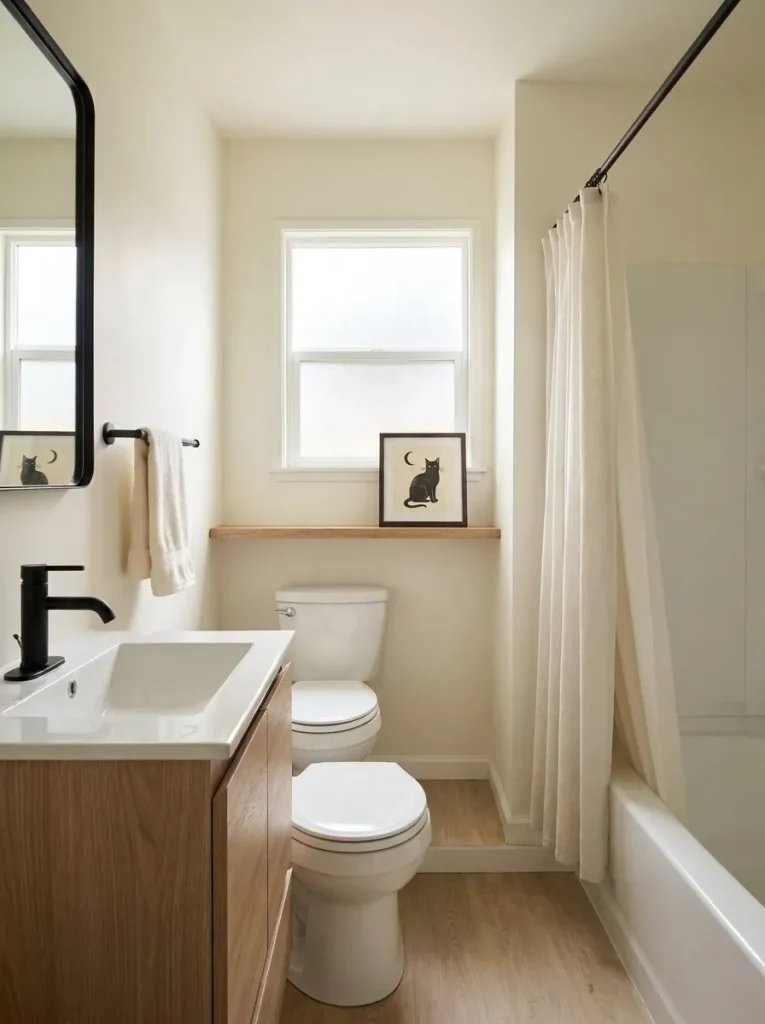 Lower-angle view of a vintage black cat illustration on the shelf above the bathroom toilet.