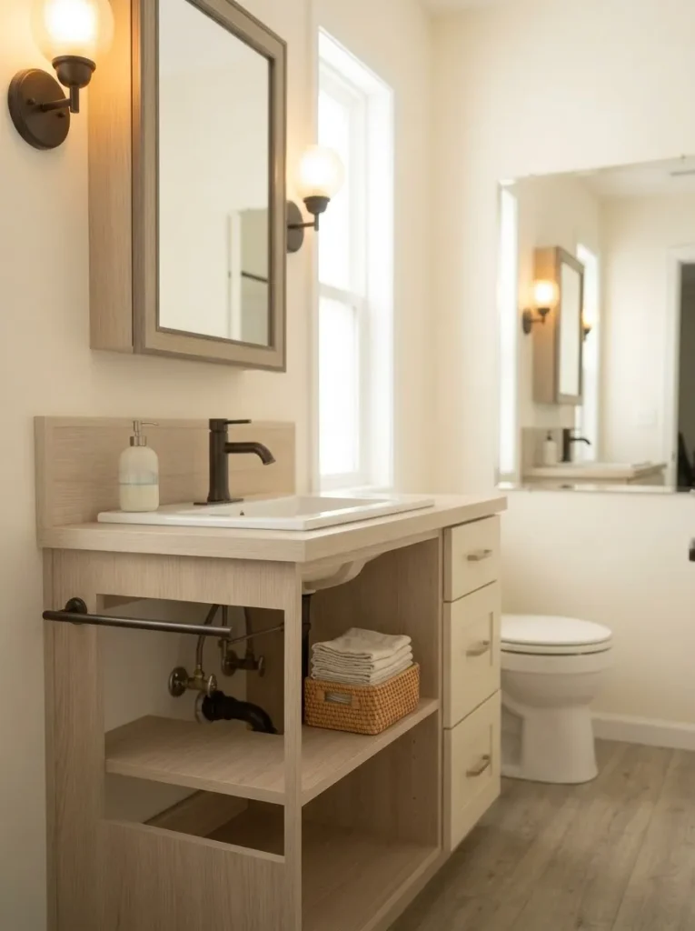 Woven bathroom baskets holding dry towels while easy-clean containers sit closer to the sink.