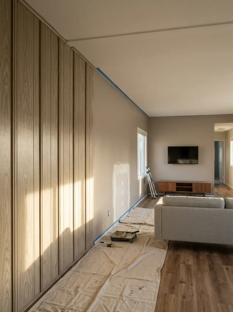 Double wide wallboard battens visible in side light beside a smoother refinished wall.
