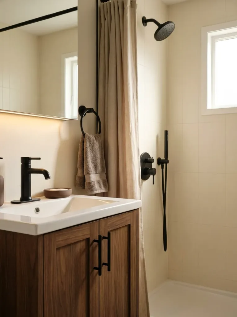 Existing matte-black bathroom fixtures warmed by flax textiles, mushroom towels, walnut cabinetry, and ivory surfaces.