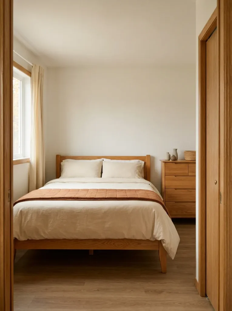 Mobile home bedroom with ivory bedding, a cinnamon quilt, and honey-oak furniture beside a sunlit window.