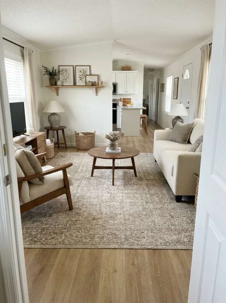 Mobile home seating grounded by a soft warm rug while continuous flooring remains visible around the living zone.