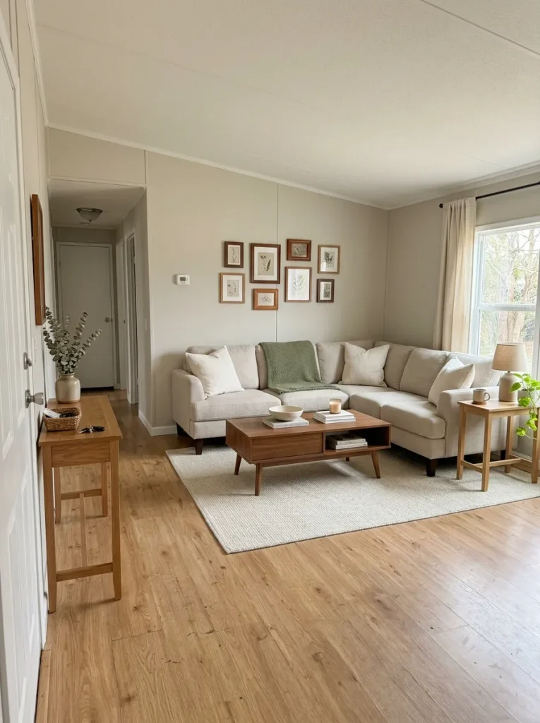 Neutral mobile home living room warmed by walnut and oak coffee, side and console tables at everyday touch