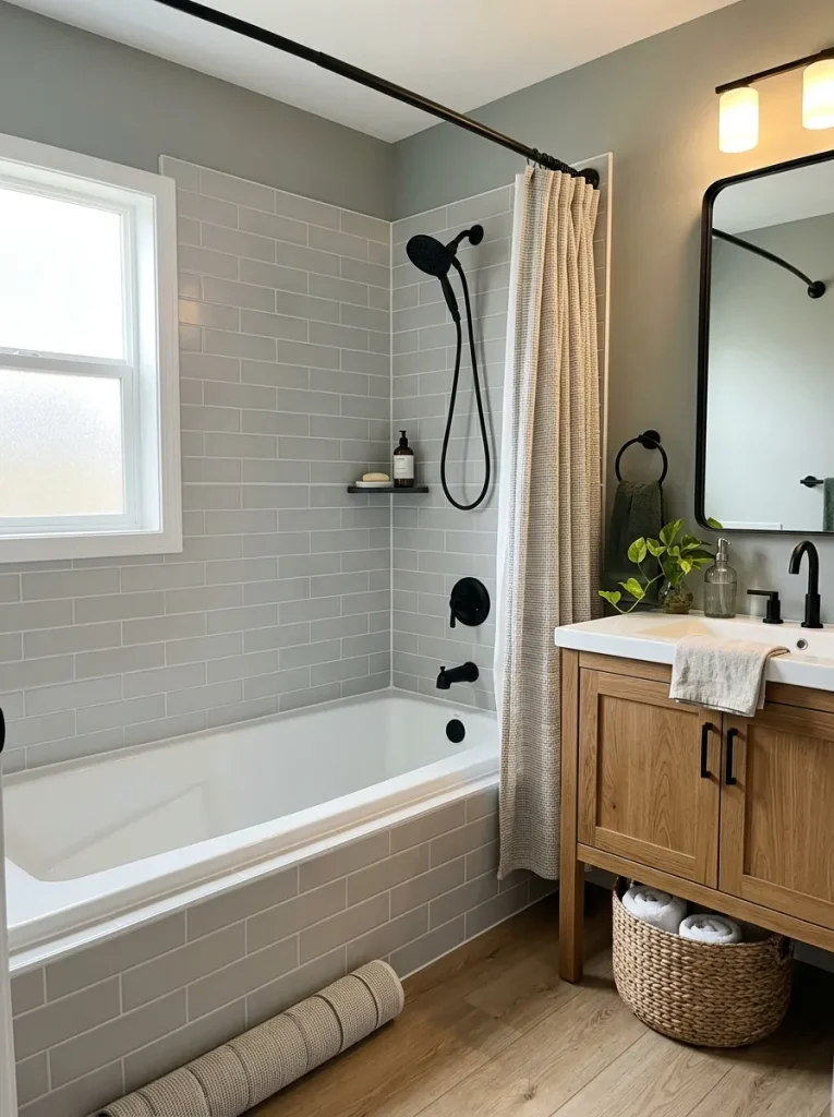 Updated double wide bathroom with a clean tub surround, wood vanity and coordinated finishes.