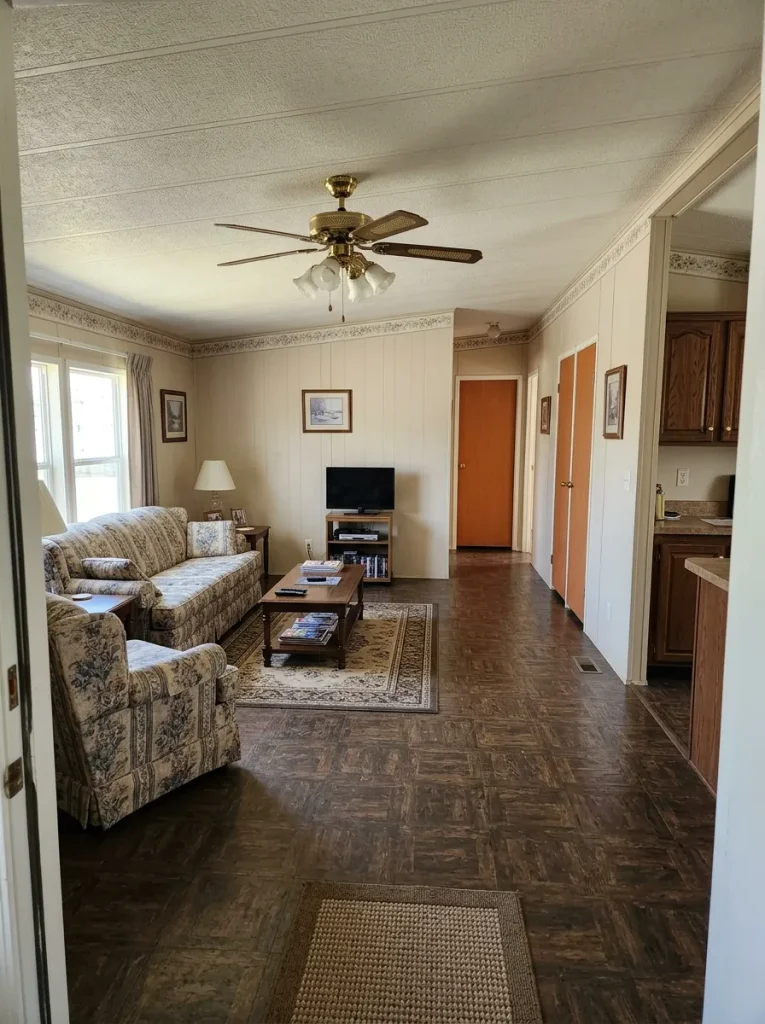 Double wide living room showing dated flooring, wall seams, doors and ceiling fan before a makeover.