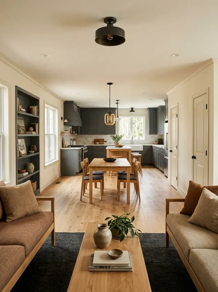 Completed double wide makeover with updated living room, dining area and kitchen in one cohesive view.