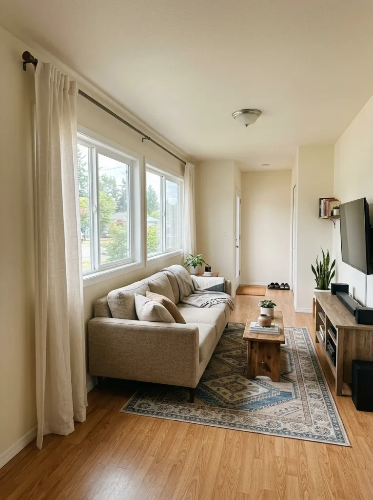 Sofa positioned beside a window with enough clear space for curtains to operate normally in a narrow single-wide living room.