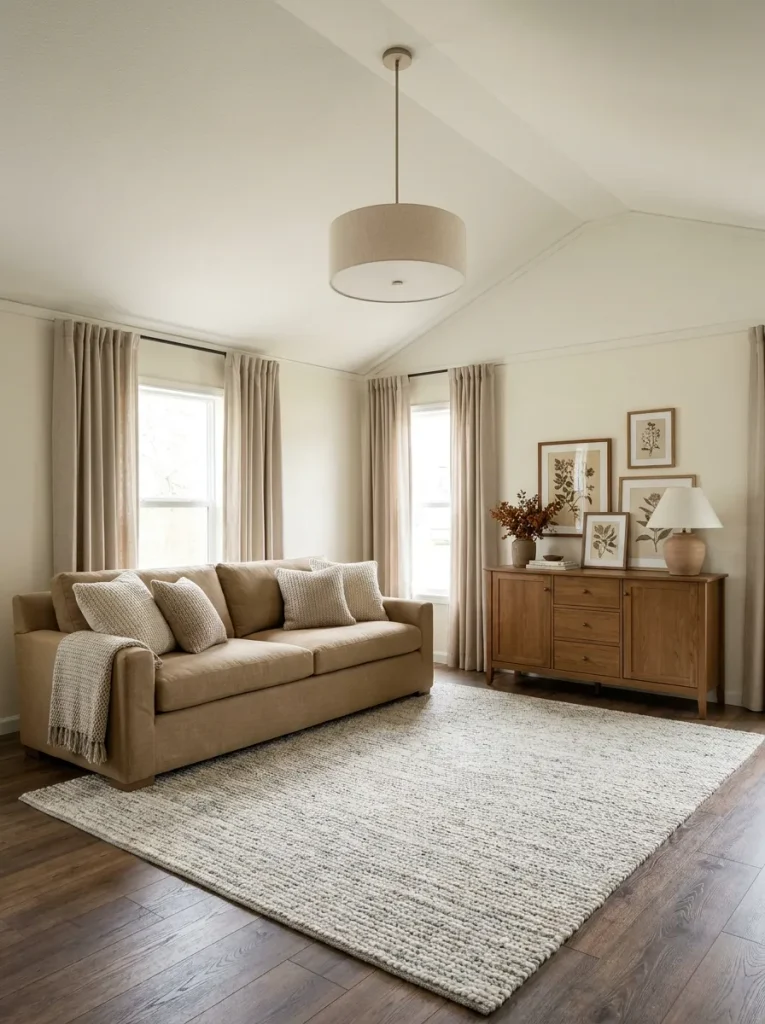 Mobile home living room using a simple vaulted ceiling while warmth and visual weight stay focused around the seating area.