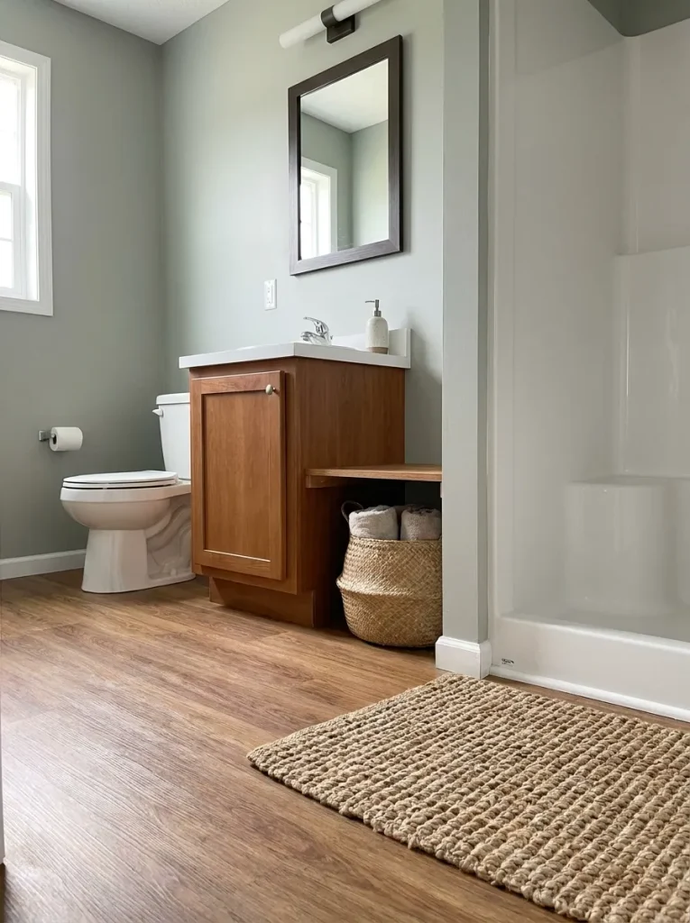Woven basket placed low beside the vanity to soften a compact mobile home bathroom.