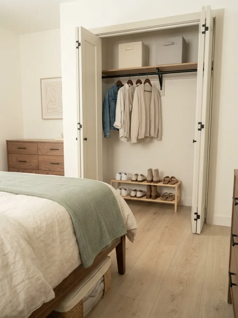 Seasonal storage boxes placed above the closet rod in a compact mobile home bedroom while daily items stay within easier reach.