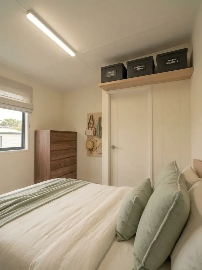 Shallow storage above a bedroom doorway holding rarely used items in a compact mobile home bedroom.