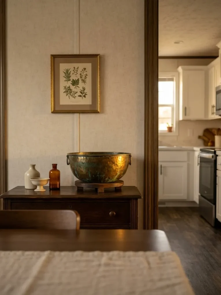 One substantial thrifted aged-brass bowl adding warm patina to a restrained mobile home dining and kitchen area.