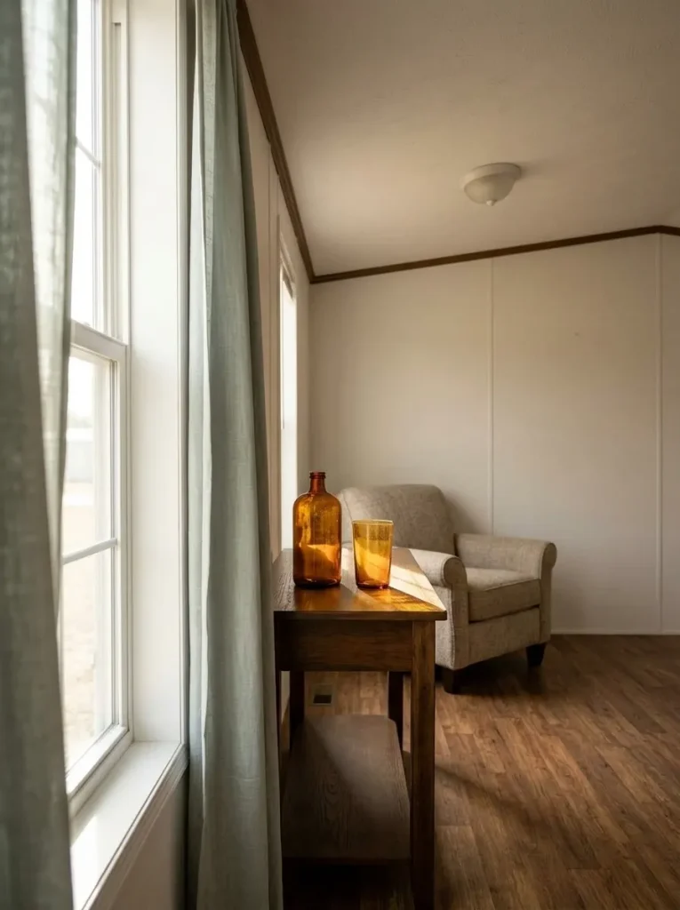 Amber thrifted glass glowing in natural window light inside a compact mobile home living room.