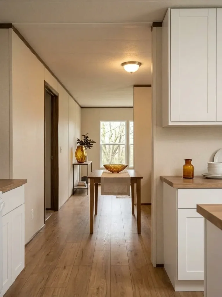 Amber glass repeated through the kitchen, dining and living areas along a long mobile home sightline.