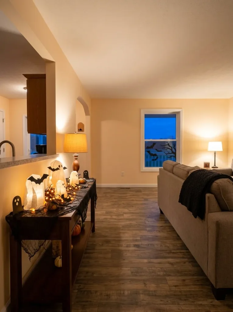Amber evening lighting adds depth to inexpensive paper, cardboard and fabric Halloween décor in a mobile home living room.