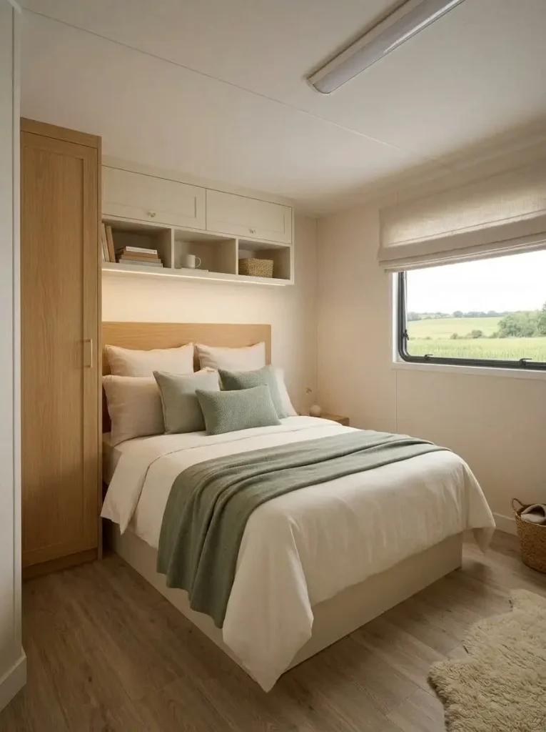 Asymmetrical mobile home bedroom with tall storage on the clear side of the bed and a lighter window side.
