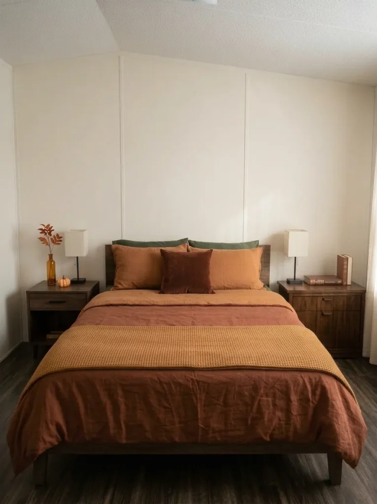 Small mobile home bedroom with one fall-styled nightstand as the focal side and a quieter functional nightstand opposite.