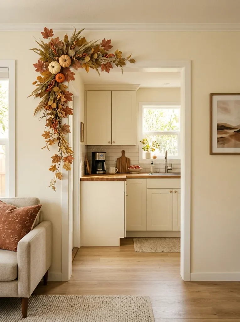 Asymmetrical fall leaf and mini pumpkin vine decorating one side of a mobile home kitchen pass-through while keeping the opening and counter clear.