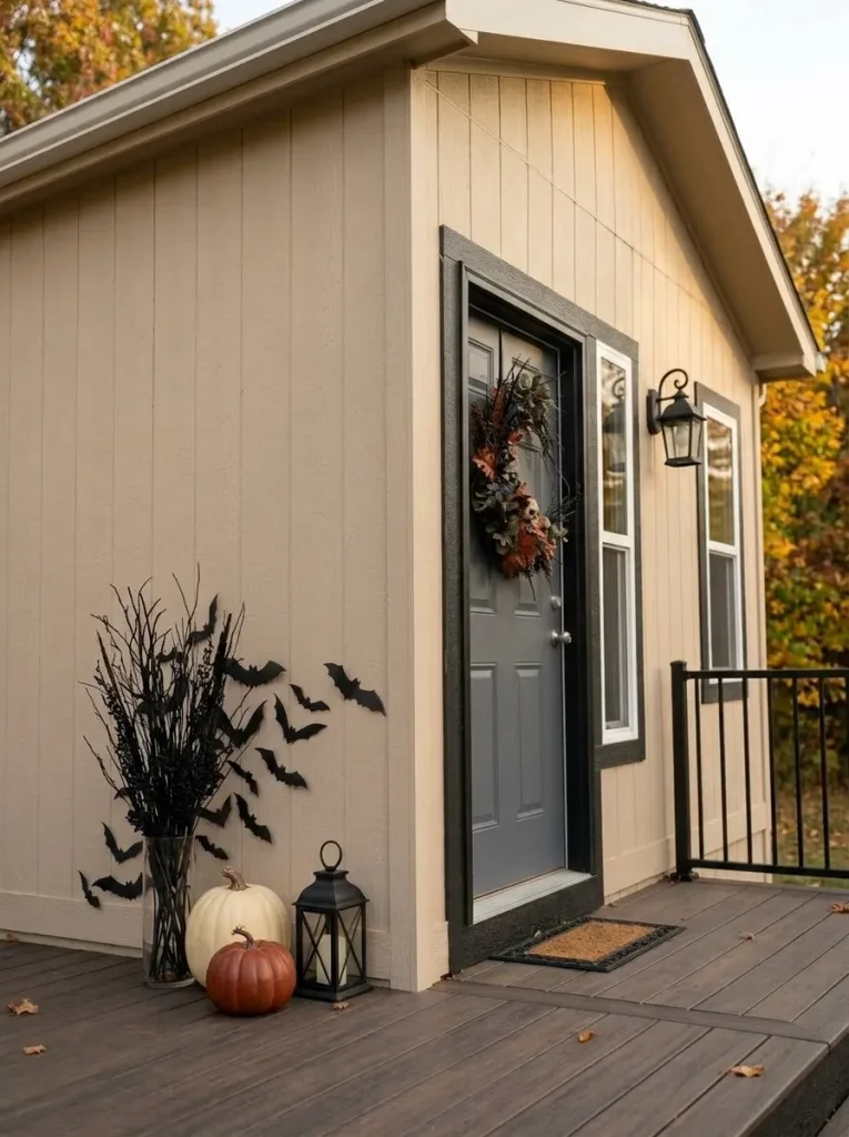 One-sided Halloween pumpkin, lantern and branch cluster leaves the opposite side of a small mobile home landing open for circulation.