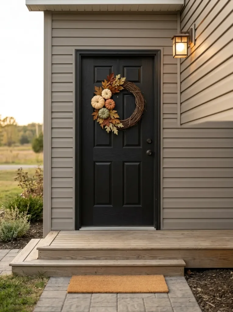 Asymmetrical mini-pumpkin wreath on a black mobile home front door with the small porch floor kept mostly clear.