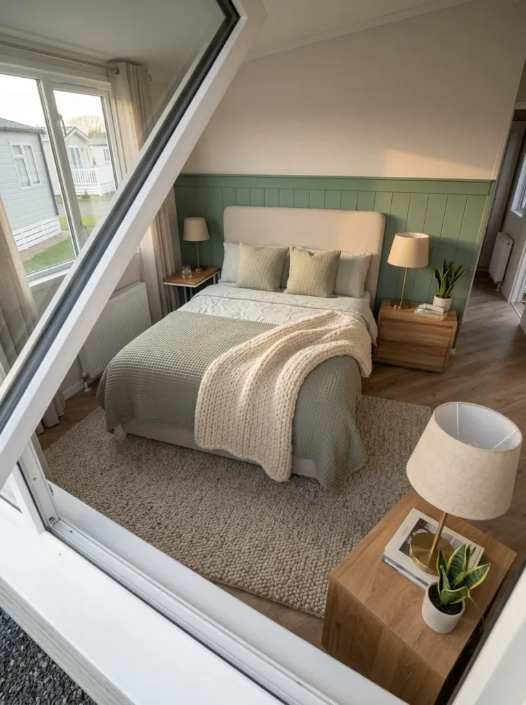 Asymmetrical nightstands balance a cozy mobile home bedroom where the window makes one bedside area narrower.