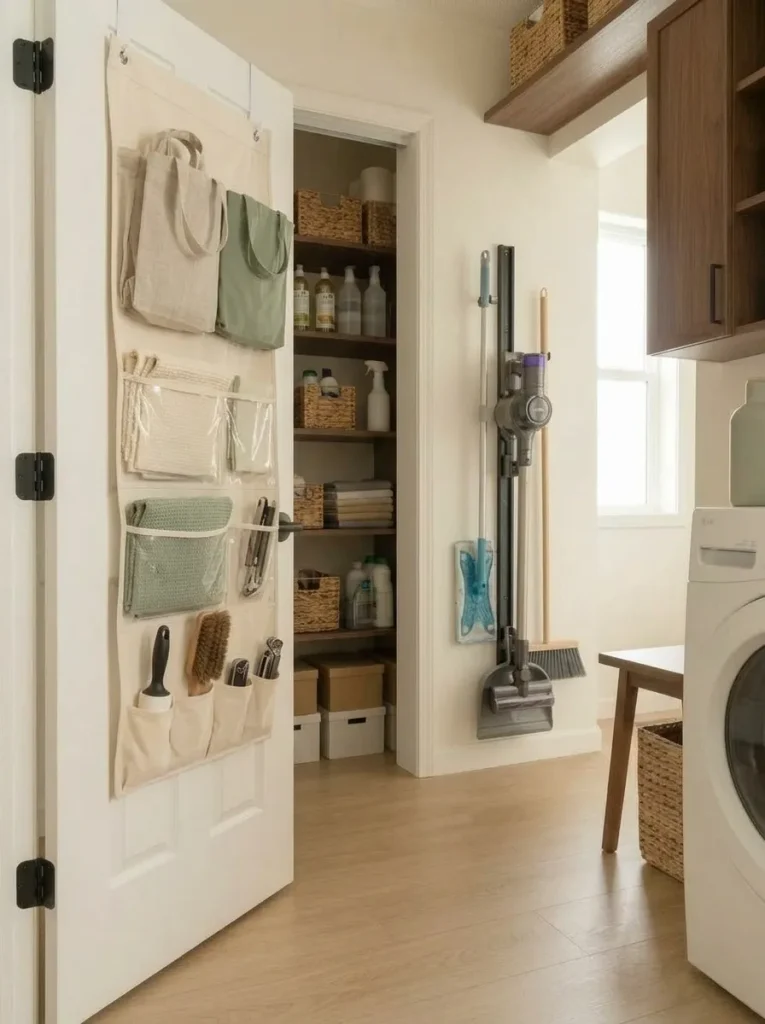 Shallow lightweight organizer on the back of an interior door with clear space for the door to open fully in a compact mobile home.