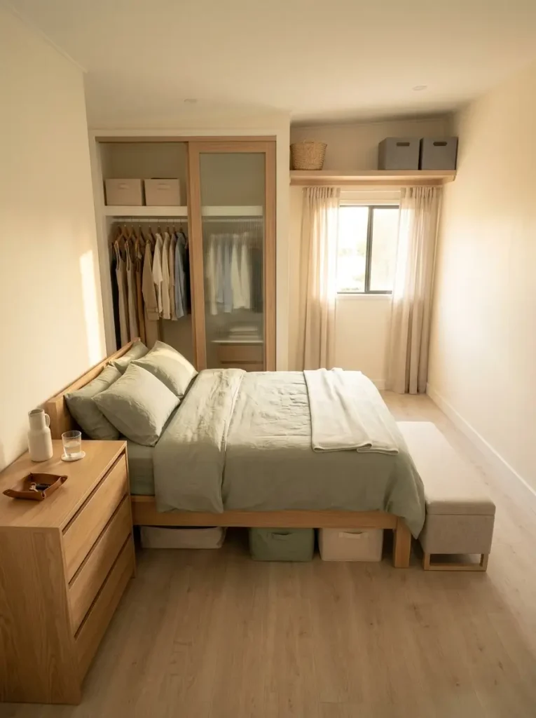 Balanced mobile home bedroom with practical storage, clear floor space and uncluttered walls around the bed.