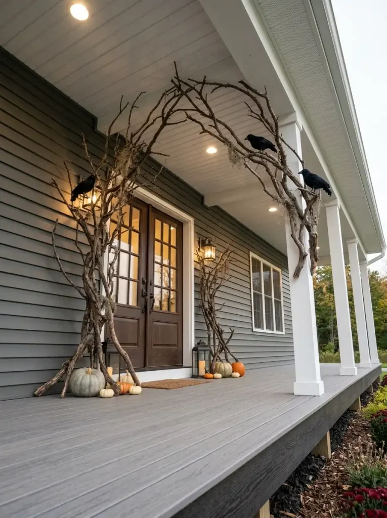 Bare branches form a sculptural Halloween arch around the double-wide front door with restrained raven and pumpkin accents.