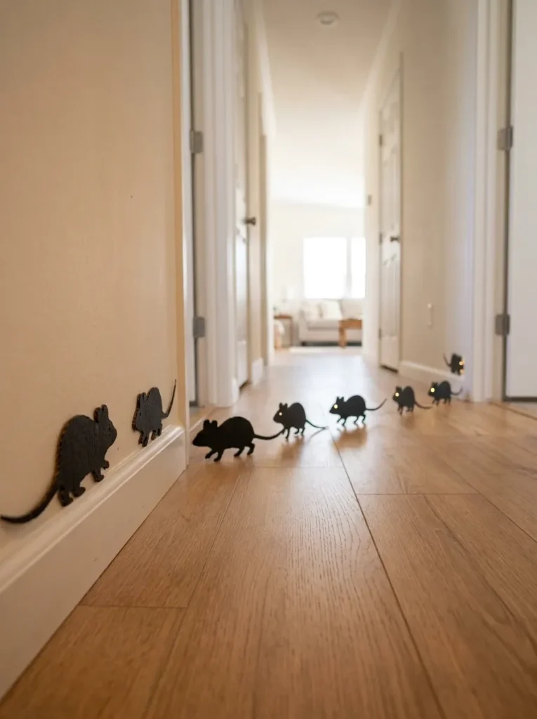Black mouse silhouettes running along the baseboard of a clear narrow mobile home hallway.