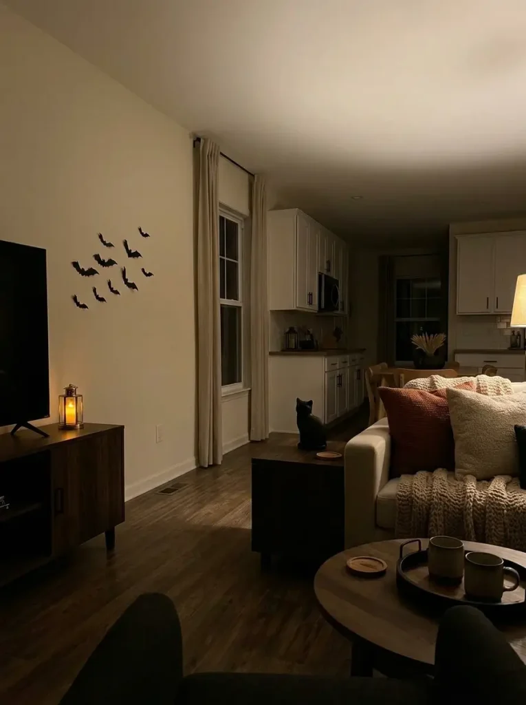 Black bat silhouettes and warm lamp shadows add a spooky Halloween layer to an otherwise uncluttered small mobile-home living room.