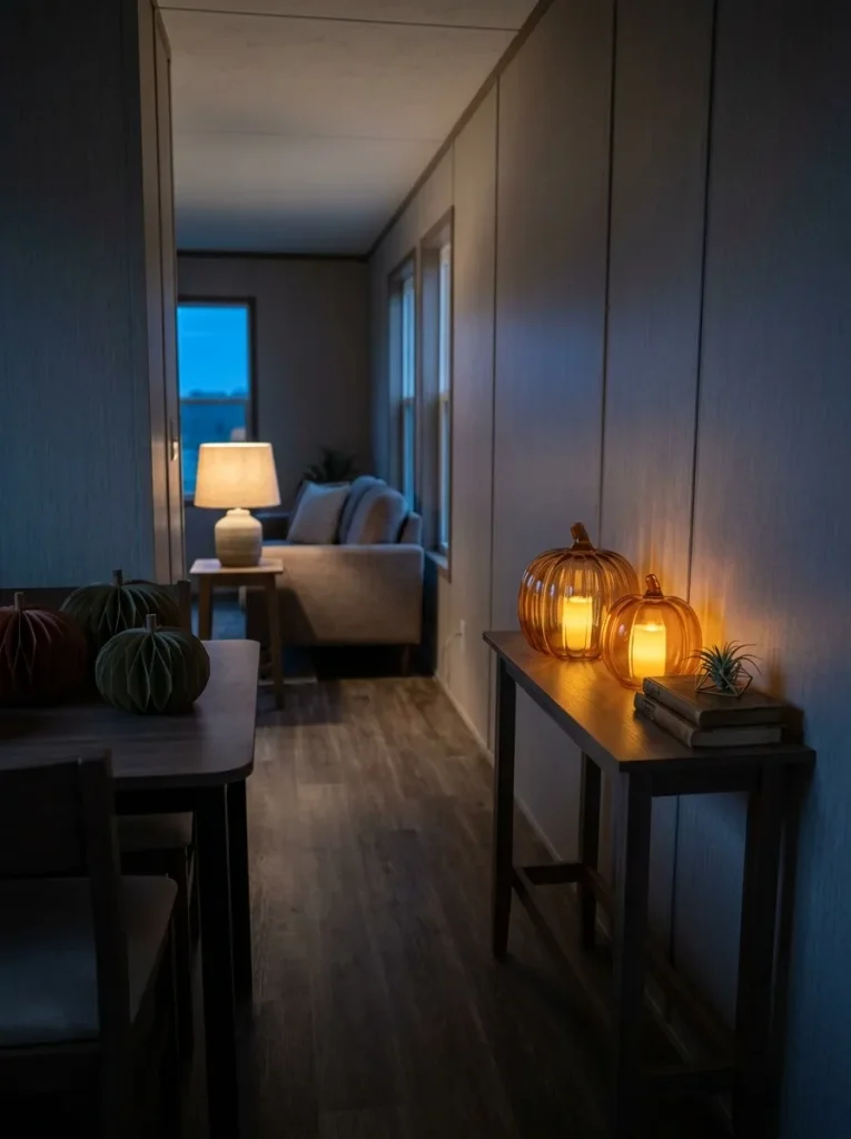 Two battery-lit pumpkin jar lanterns glowing on a console across the connected living and dining spaces of a small mobile home.