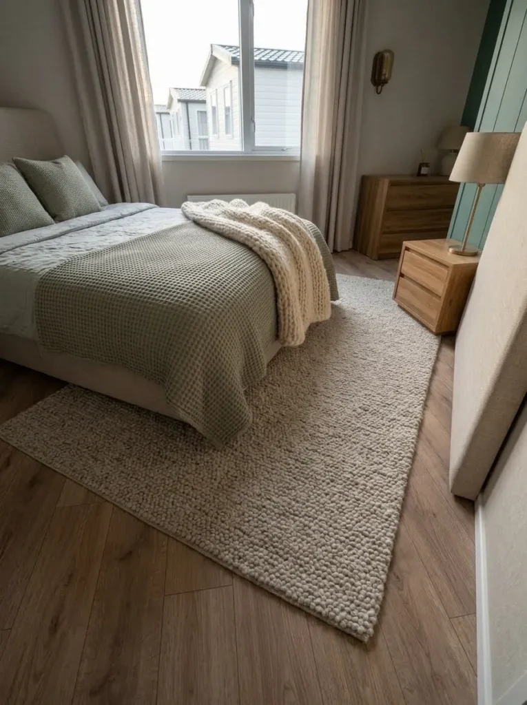 Leaving visible floor around the rug helps the sleeping zone feel finished without making the compact room visually heavier.