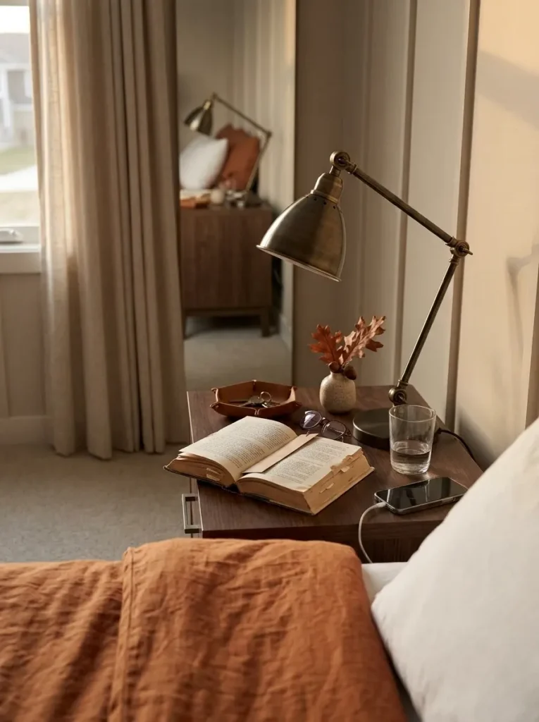 Real reading books, glasses and a lamp integrated into fall styling on a functional bedside table in a small mobile home bedroom.