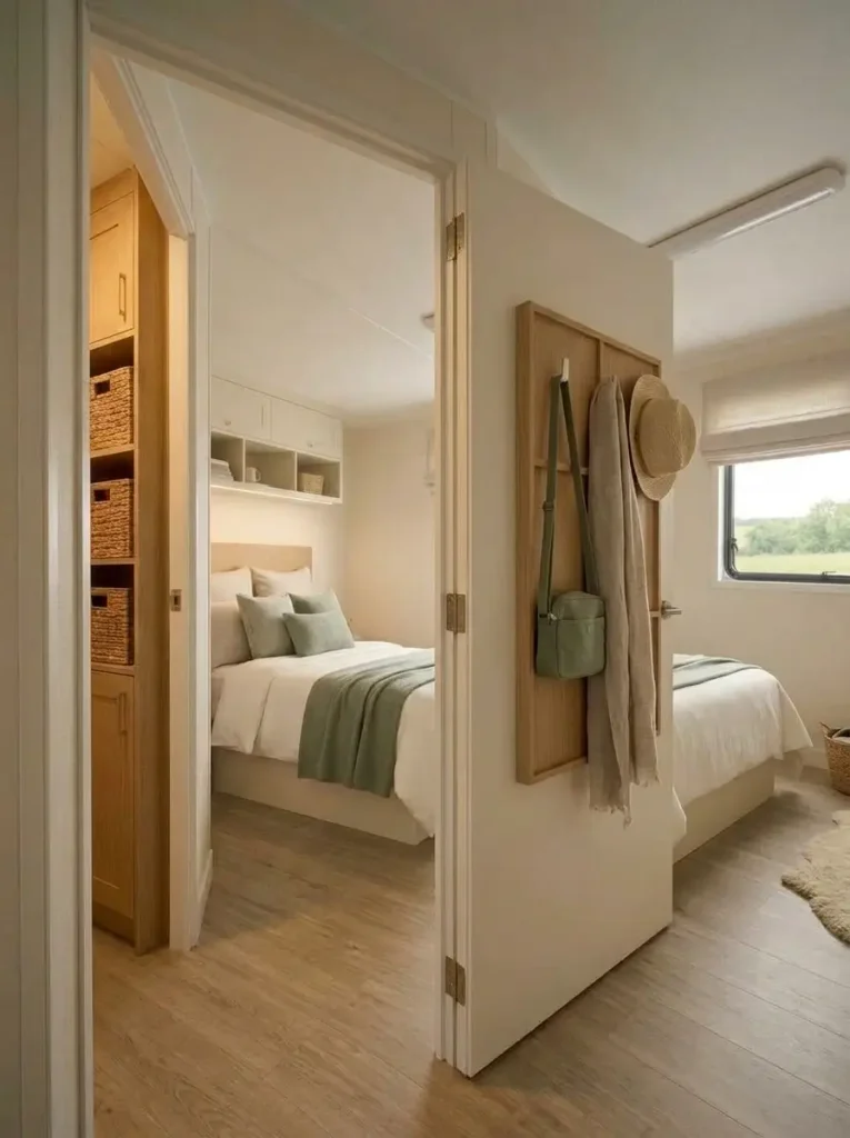 Shallow storage hooks behind a fully opened bedroom door without blocking the entrance to a compact mobile home bedroom.