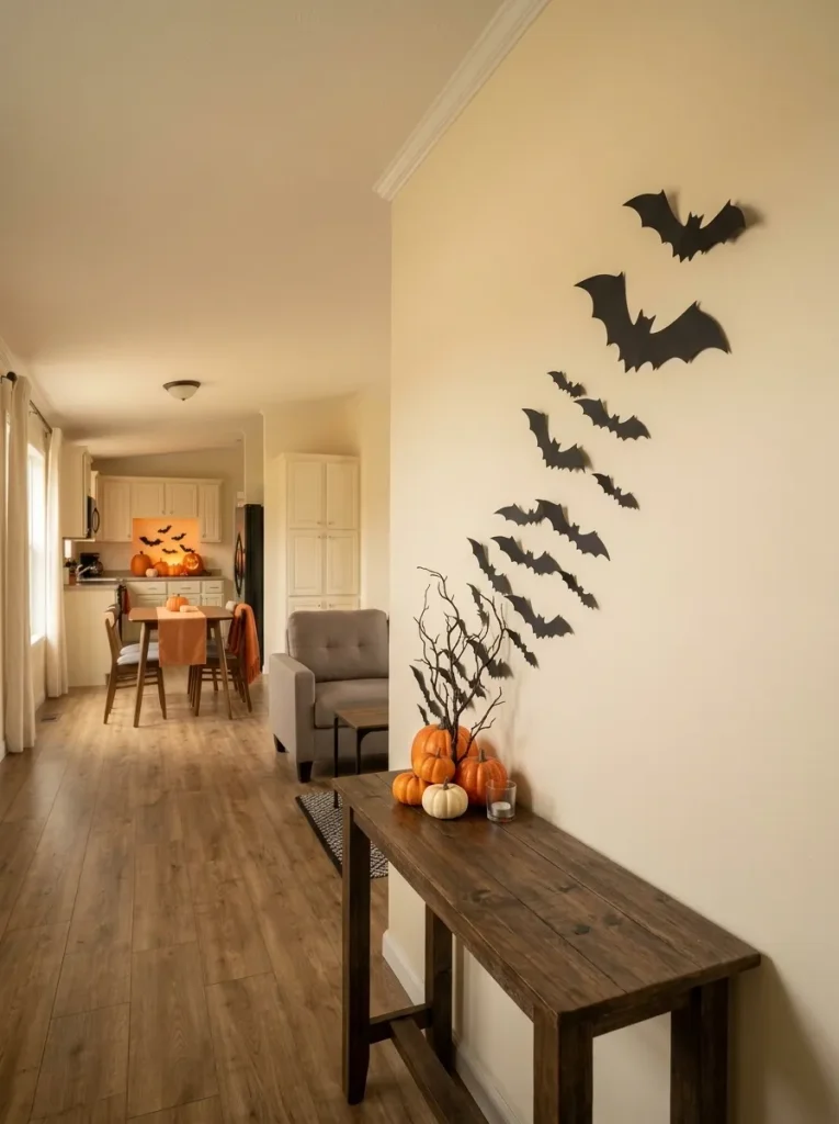 Black cardstock bats rise diagonally from a mobile home console in a controlled three-size Halloween wall arrangement.
