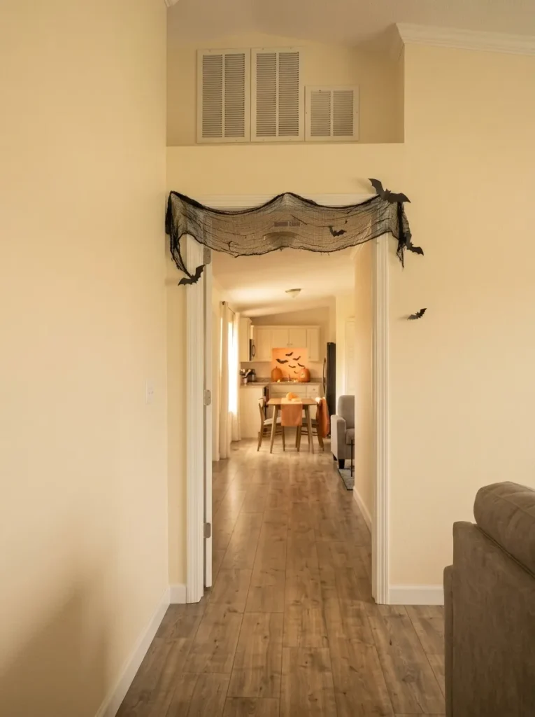 Mobile home doorway framed with black Halloween gauze and a few bats while the passage remains completely open.