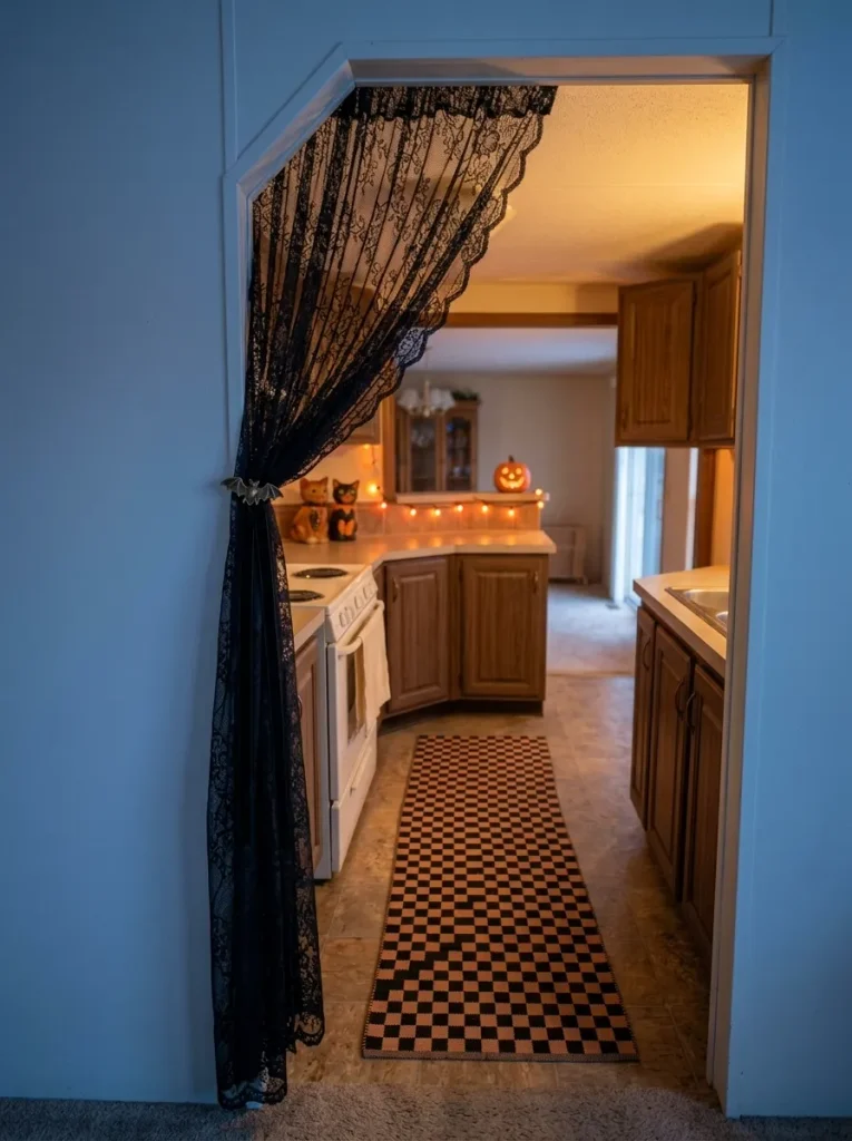 A single black-lace threshold turns a connected room view into a small theatrical Halloween moment.