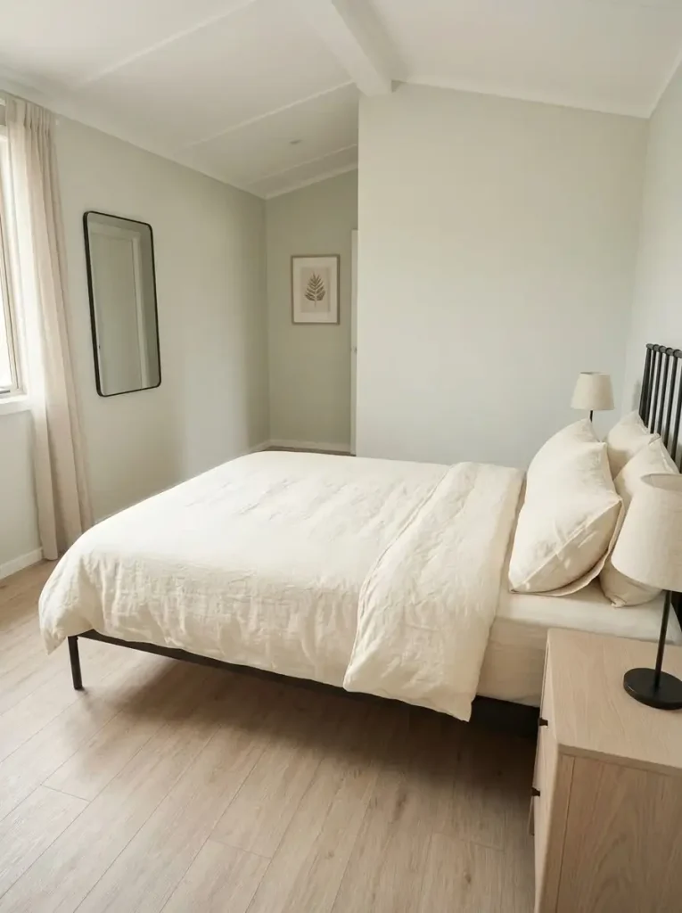 Pale mobile home bedroom defined by a slim black bed frame, mirror edge, lamp, and small hardware details.