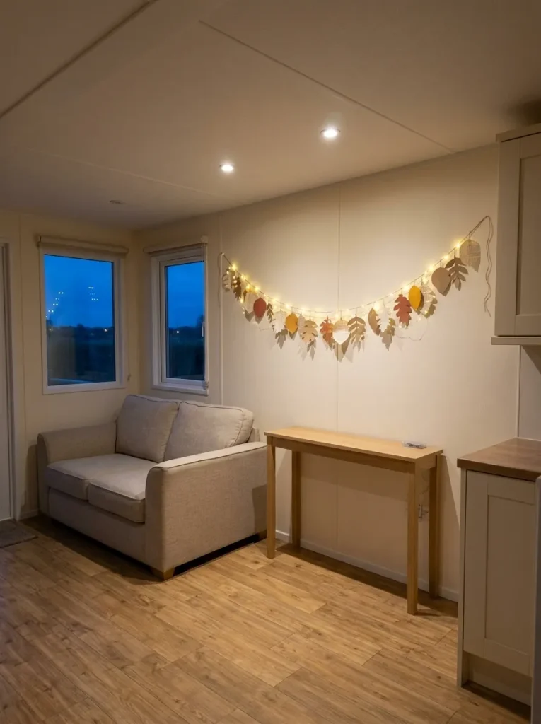 Book-page autumn leaf garland with warm micro lights above a console in a compact mobile home living room at dusk.