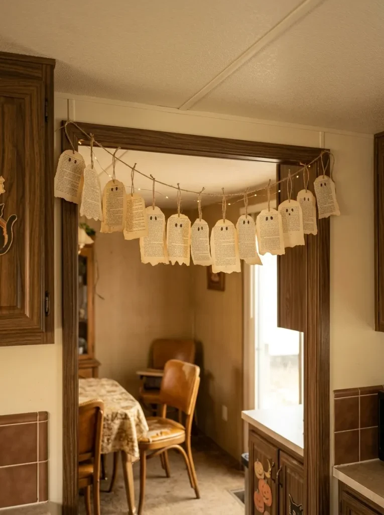 An irregular book-page ghost garland adds a handmade, passed-down feeling to the doorway.